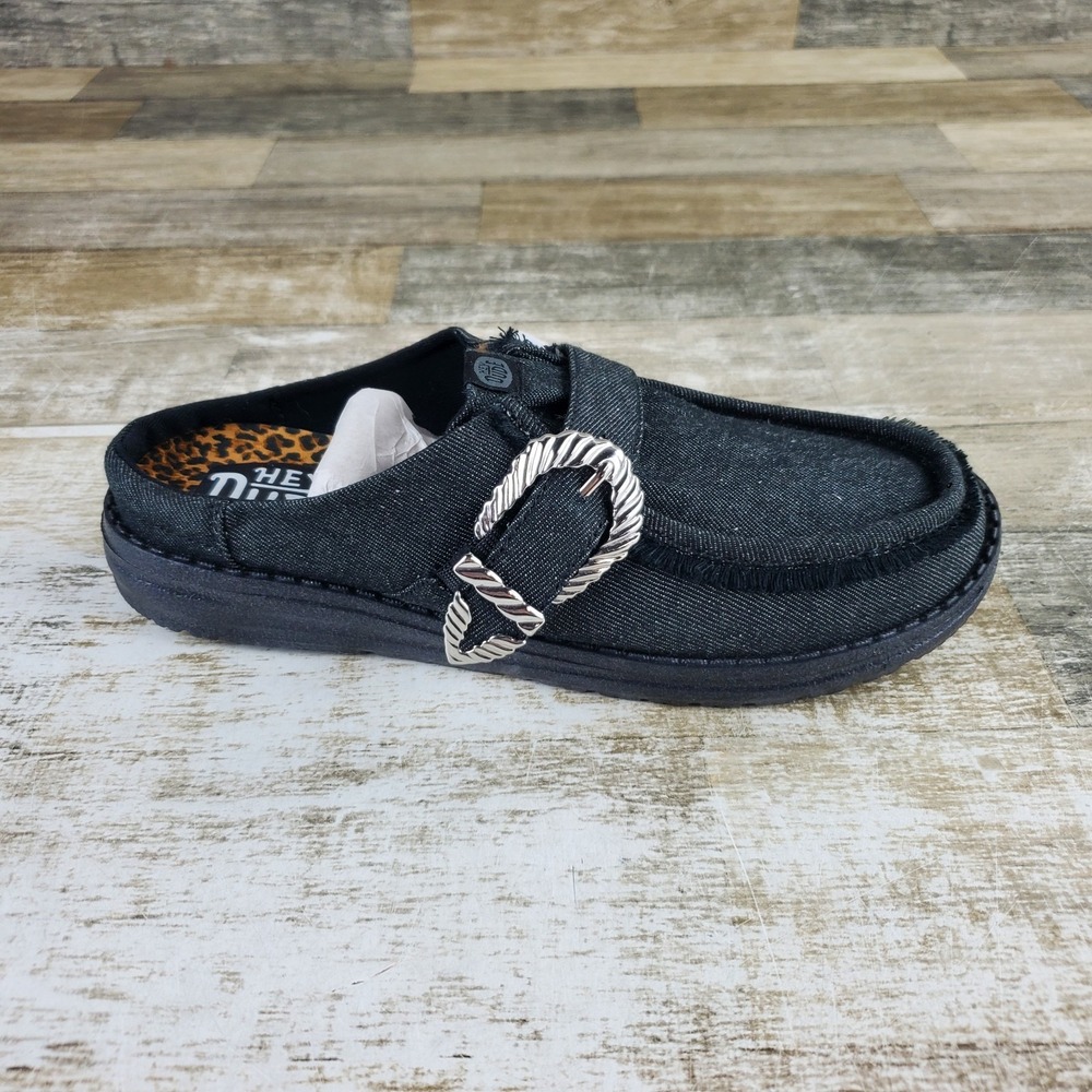 Hey Dude Wendy Slip Buckle Denim Womens Loafer Shoes Sz 7 Black Backless Slip-On